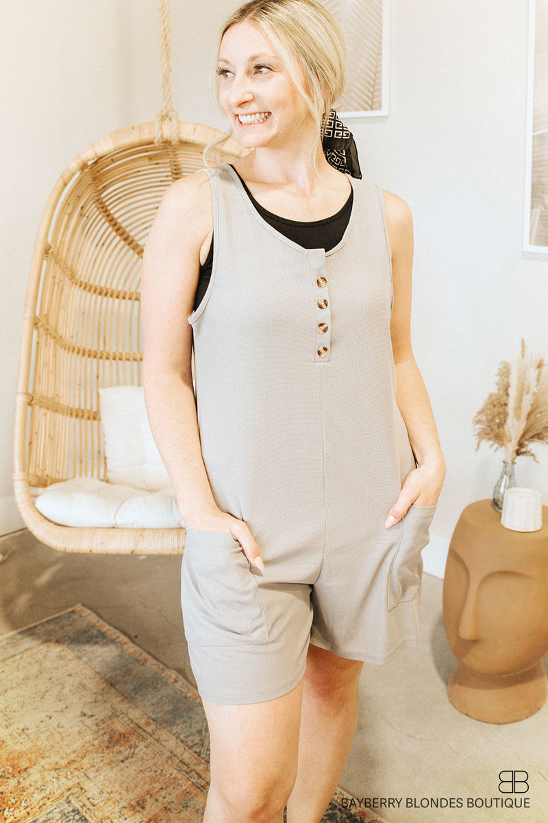 Tank Style Button Down Short Romper -Grey