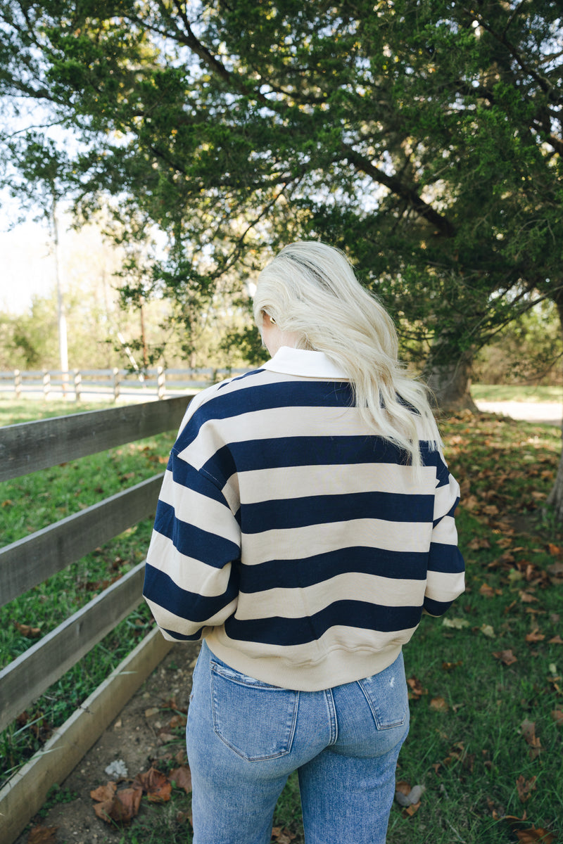Striped Crop Rugby Top-Navy/Taupe