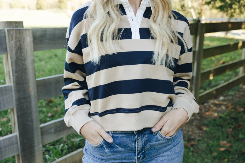 Striped Crop Rugby Top-Navy/Taupe