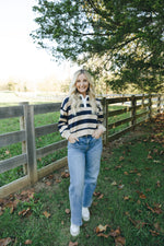 Striped Crop Rugby Top-Navy/Taupe