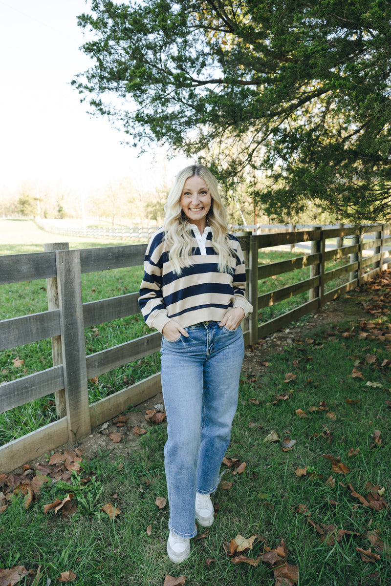 Striped Crop Rugby Top-Navy/Taupe