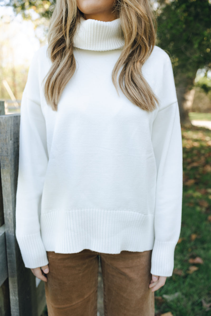 Turtleneck Knit Sweater-Off White