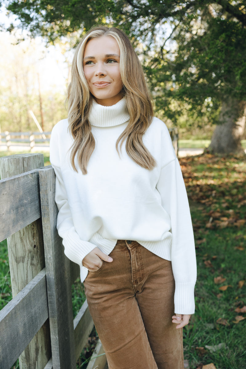 Turtleneck Knit Sweater-Off White