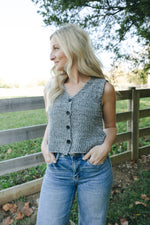 V Neck Button Down Vest-Gray Tweed