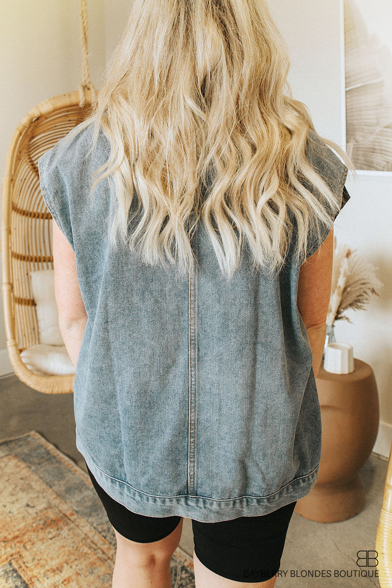 Faded Denim Button Up Vest-Med Wash