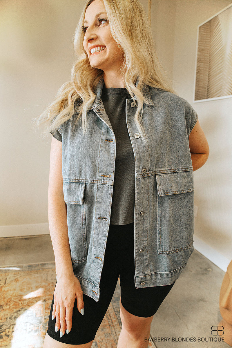 Faded Denim Button Up Vest-Med Wash