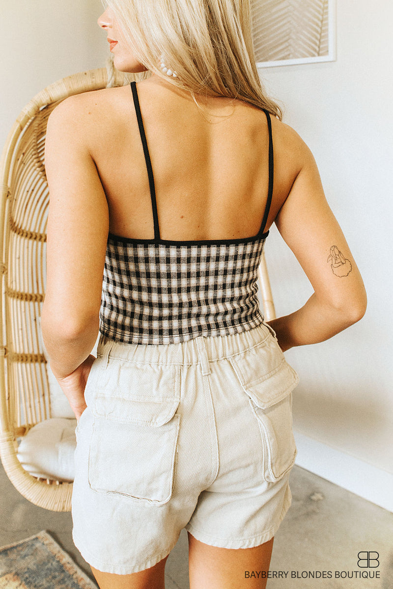 Plaid Halter Top-Black/Neutral