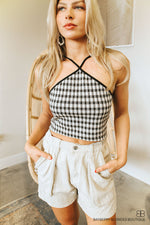 Plaid Halter Top-Black/Neutral