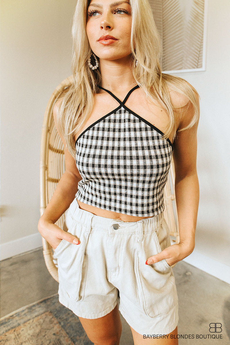 Plaid Halter Top-Black/Neutral