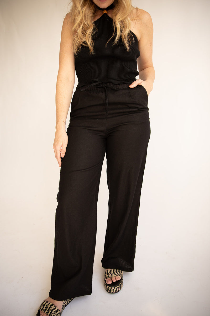 Drawstring Linen Pant-Black