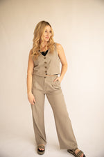 Button Down Linen Vest-Grey stone