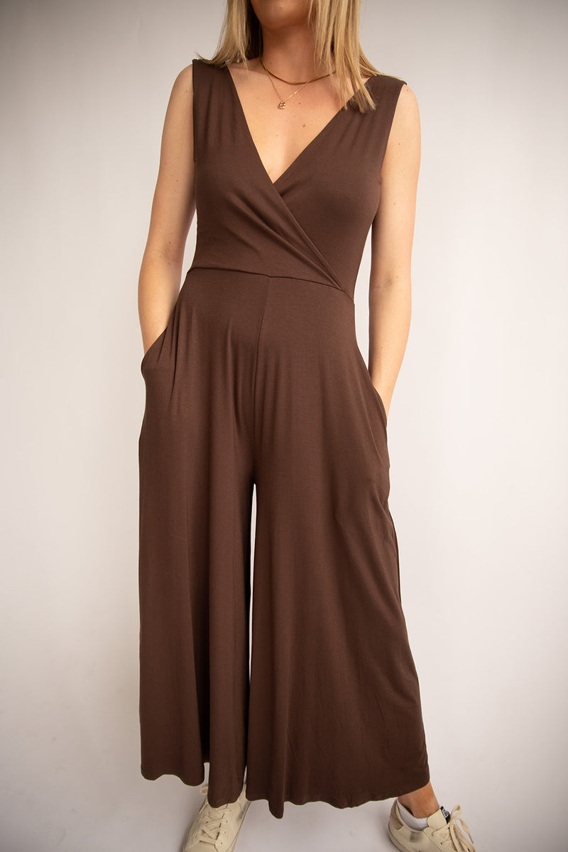 Surplice Sleeveless Jumpsuit-Brown