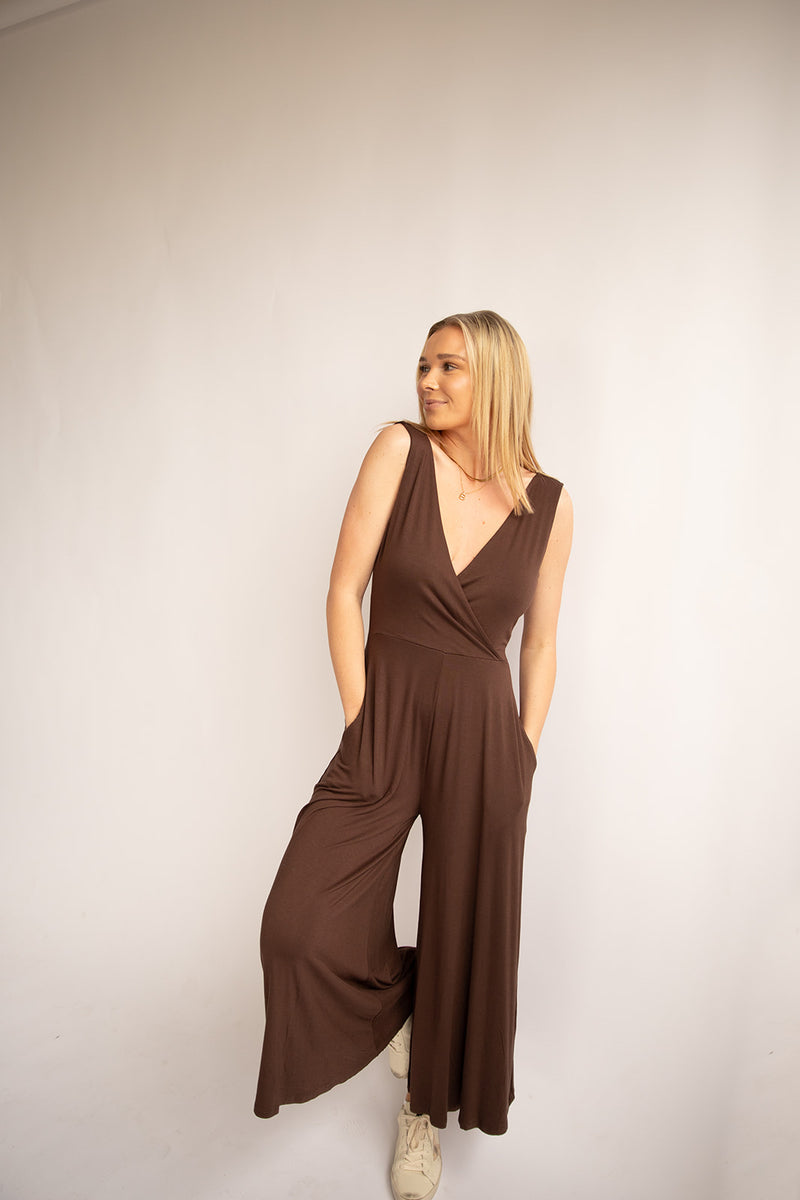 Surplice Sleeveless Jumpsuit-Brown