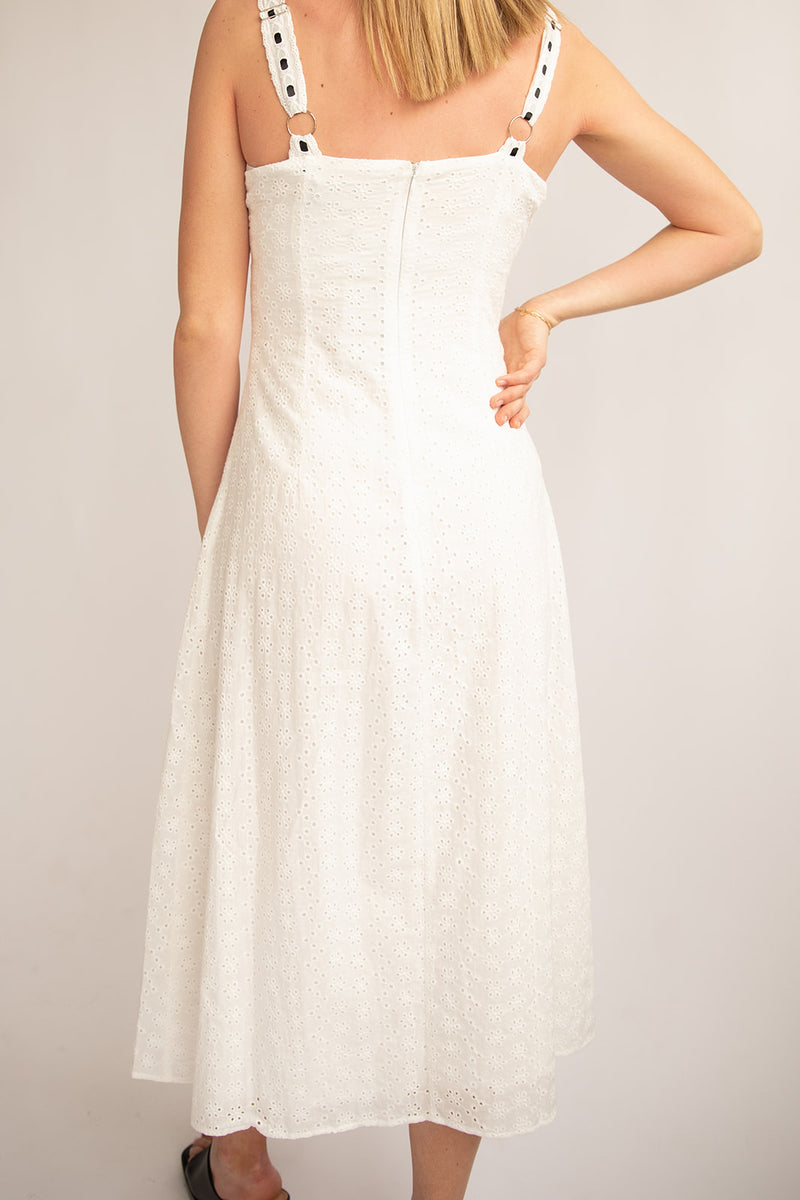 Midi Eyelet Dress-White/Black Ribbon
