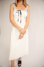 Midi Eyelet Dress-White/Black Ribbon
