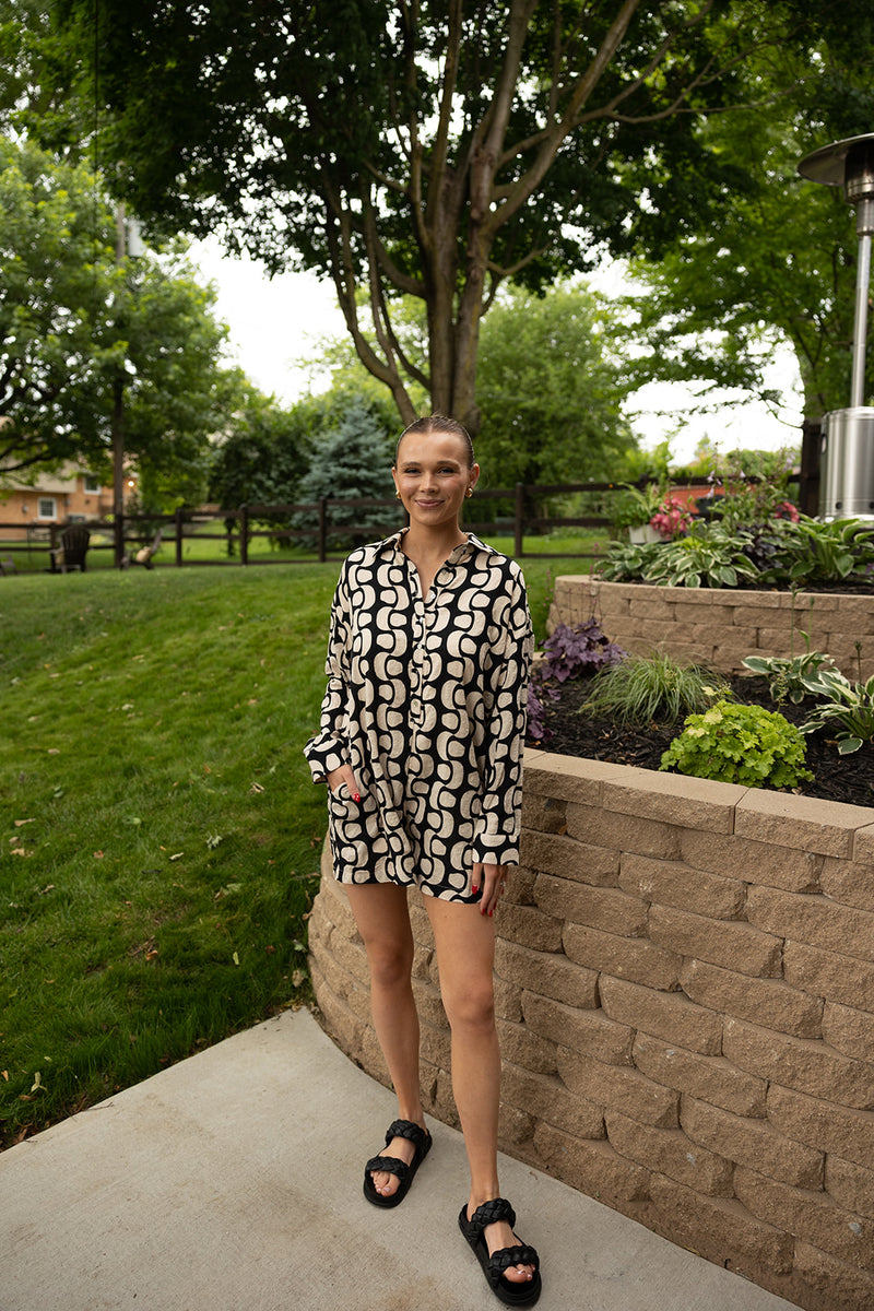 Geometric Print Romper-Black/Khaki
