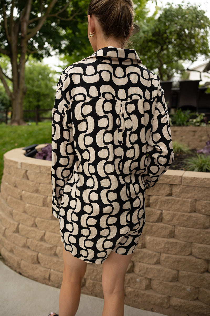Geometric Print Romper-Black/Khaki