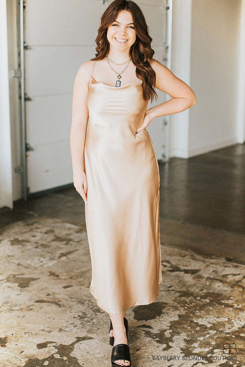 Cowl Neck Slip Dress-Champagne