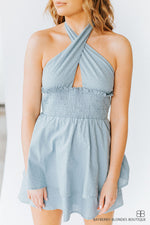 Halter Neck Smocking Waist Dress-Dusty Blue