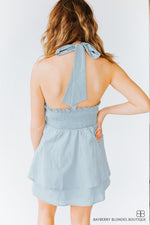 Halter Neck Smocking Waist Dress-Dusty Blue