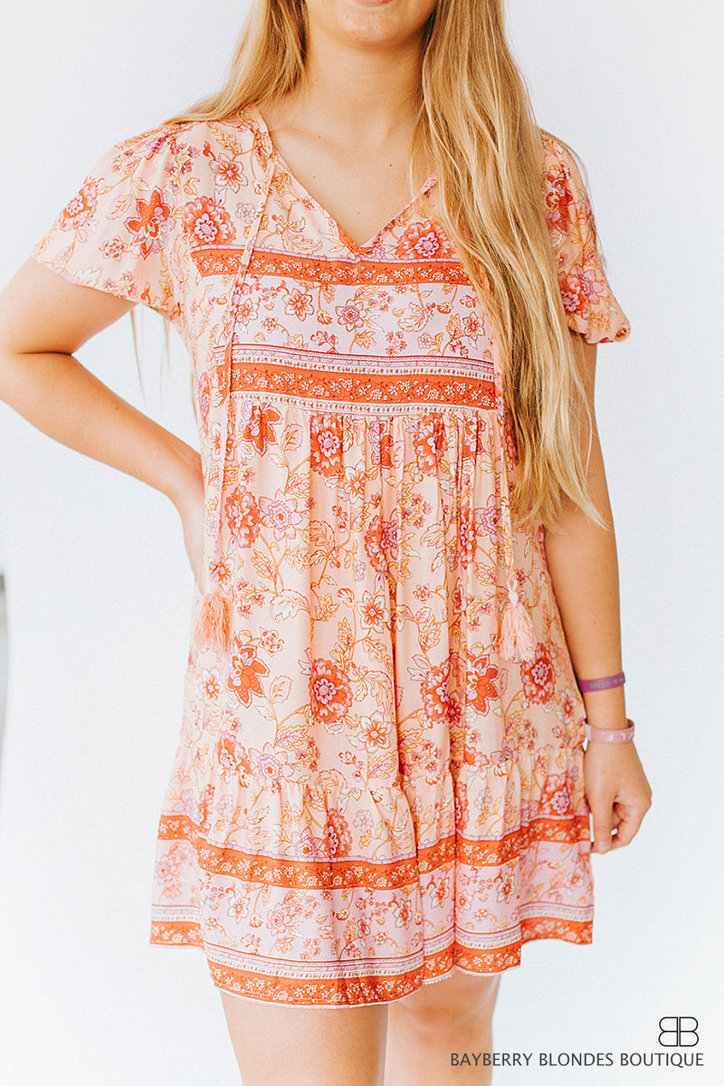 Floral Ruffled Dress -Peach and Pink