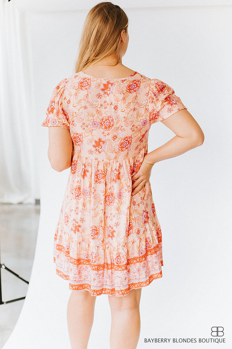 Floral Ruffled Dress -Peach and Pink