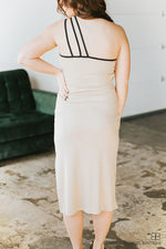 Cross Strap Midi Dress-Taupe with Black Trim