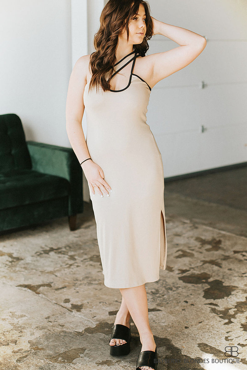 Cross Strap Midi Dress-Taupe with Black Trim