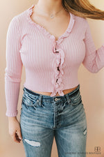 Long Sleeve Button Down Rib Cardigan Top W/ Ruffle-Pink