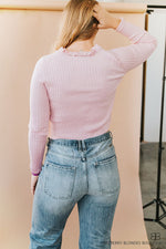 Long Sleeve Button Down Rib Cardigan Top W/ Ruffle-Pink