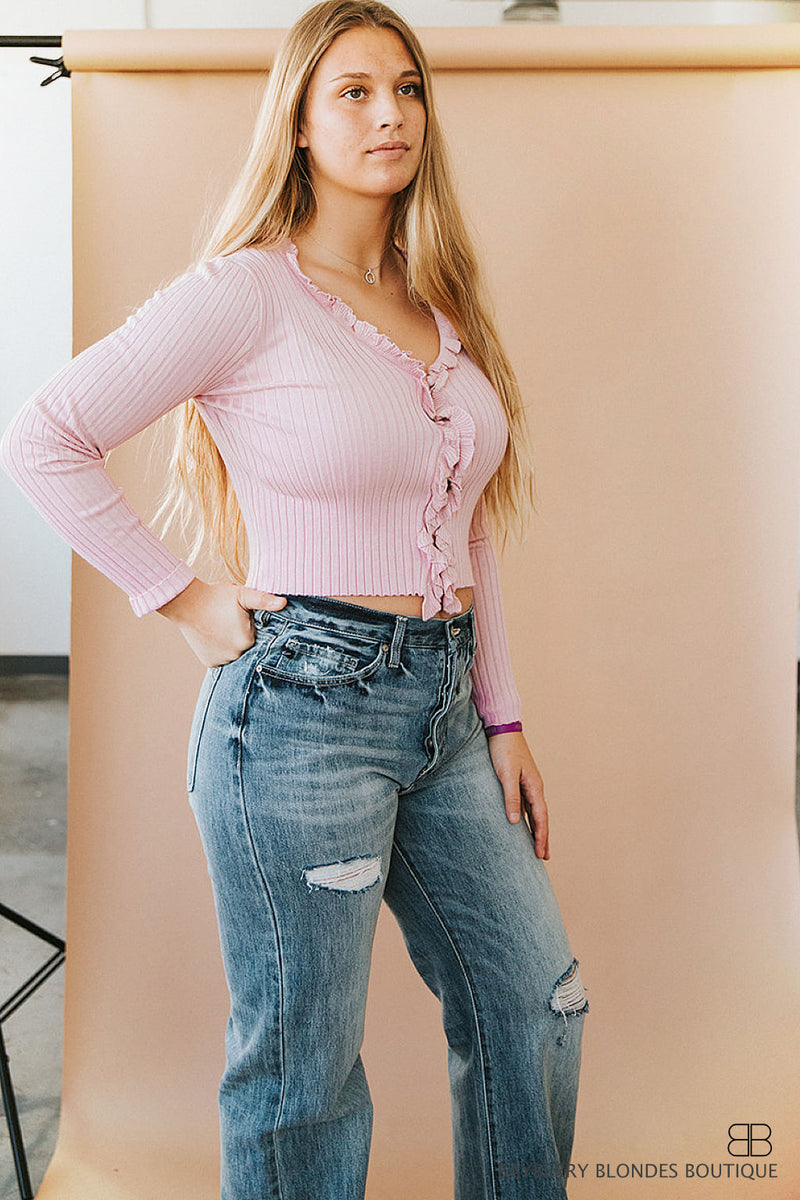 Long Sleeve Button Down Rib Cardigan Top W/ Ruffle-Pink