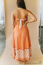 Floral Print Scarf Top W/ Maxi Skirt-Cream/Burnt Orange