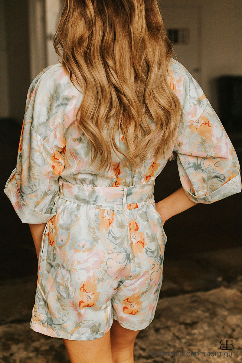 Belted Short Romper-Lime/Multi
