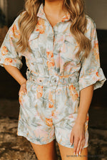 Belted Short Romper-Lime/Multi