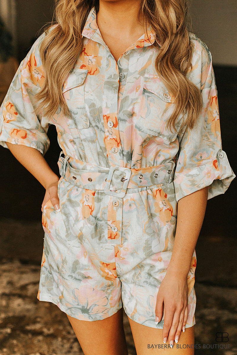 Belted Short Romper-Lime/Multi