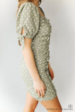 Cinch Square Neck Dress W/ Ruffles-Green and White
