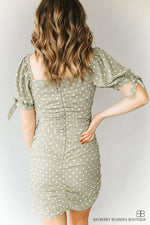 Cinch Square Neck Dress W/ Ruffles-Green and White