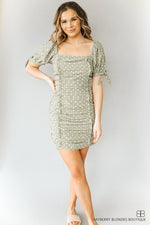 Cinch Square Neck Dress W/ Ruffles-Green and White