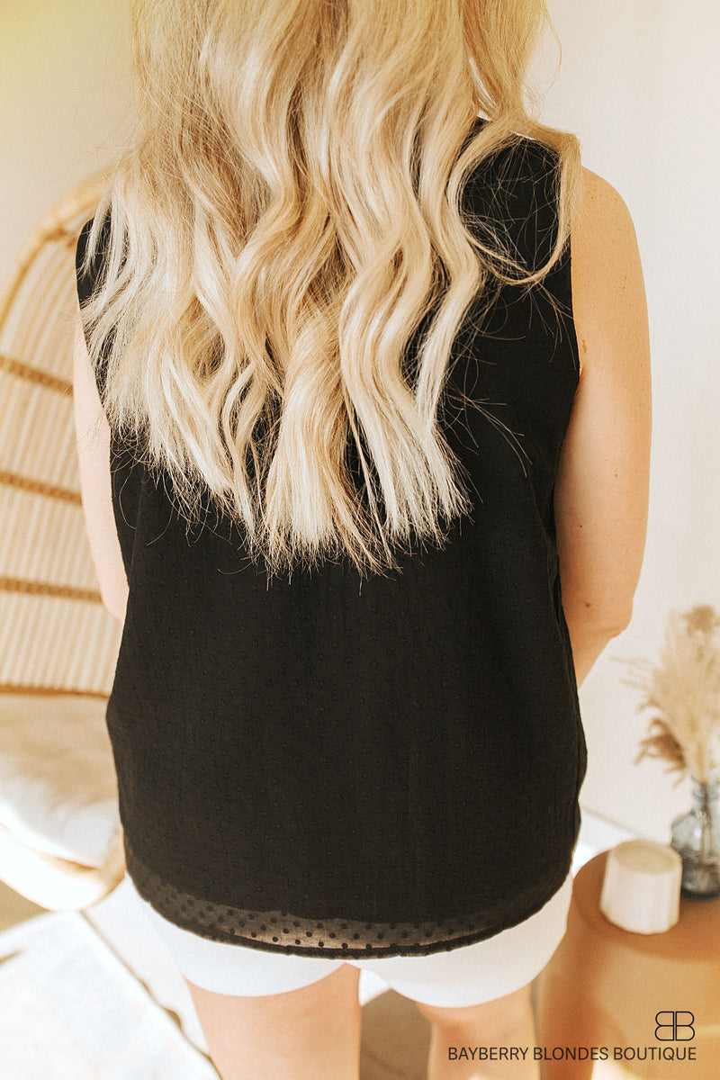 Swiss Dot Smocked Crew Neck Tank-Black