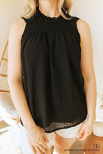 Swiss Dot Smocked Crew Neck Tank-Black