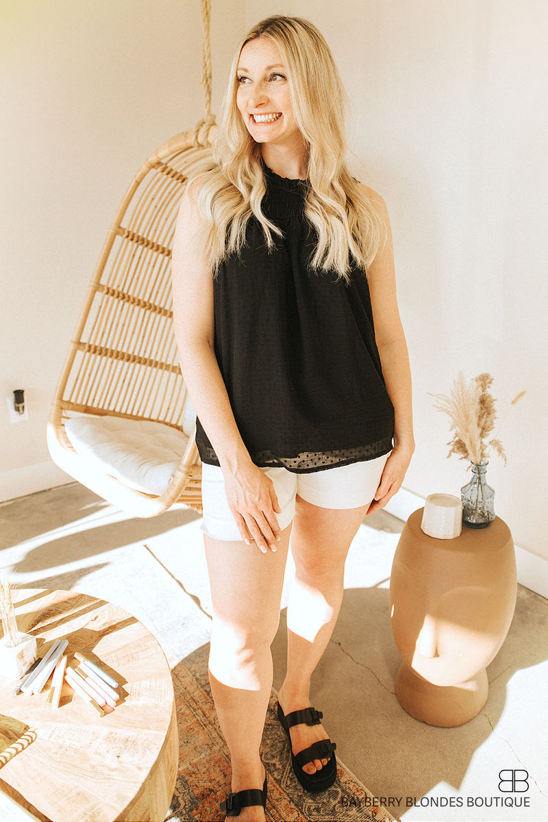Swiss Dot Smocked Crew Neck Tank-Black
