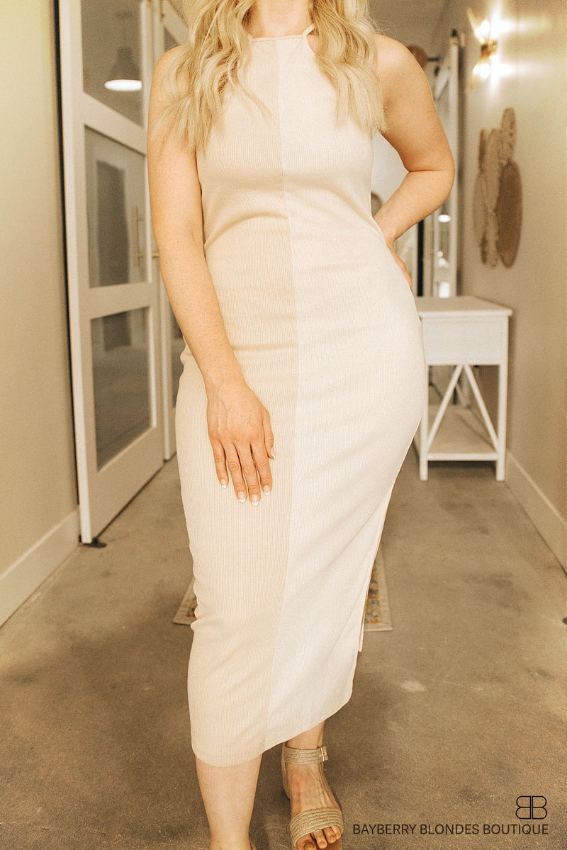 Color Block Ribbed Dress-Cream Multi