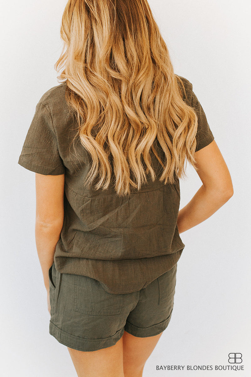 Textured Short Sleeve Top-Olive Green
