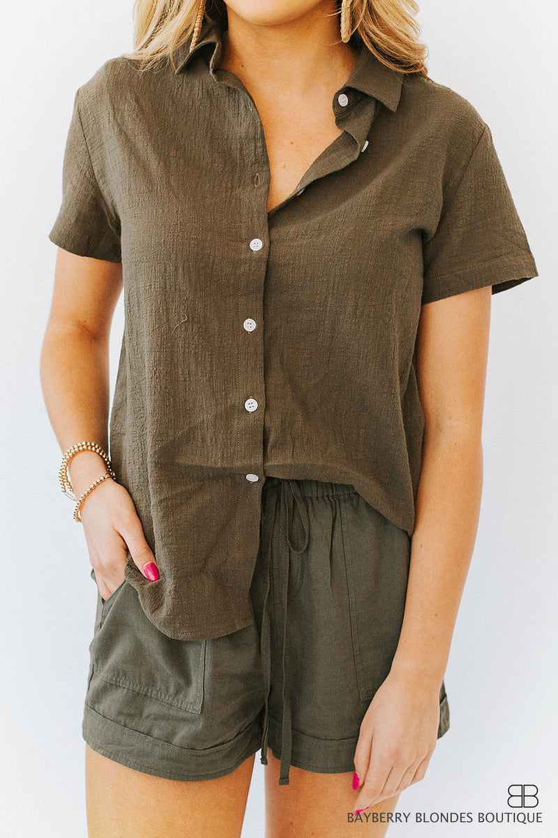 Textured Short Sleeve Top-Olive Green