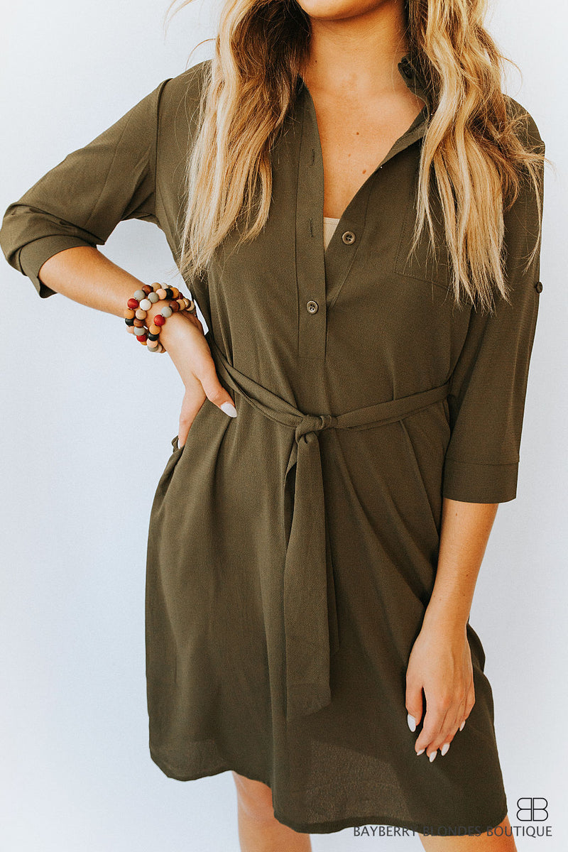 Button Mid Sleeve Dress-Army Green