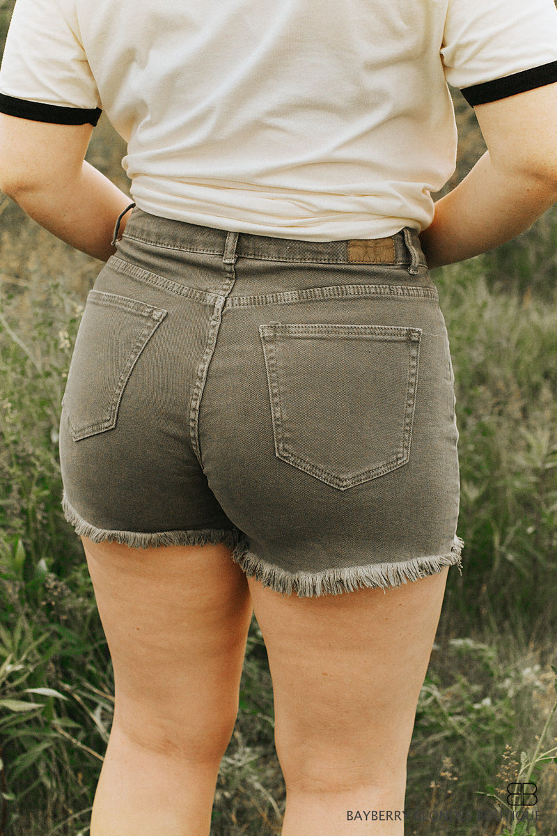 Non Distressed Cut Off Denim Short-Olive Green