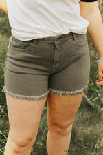 Non Distressed Cut Off Denim Short-Olive Green