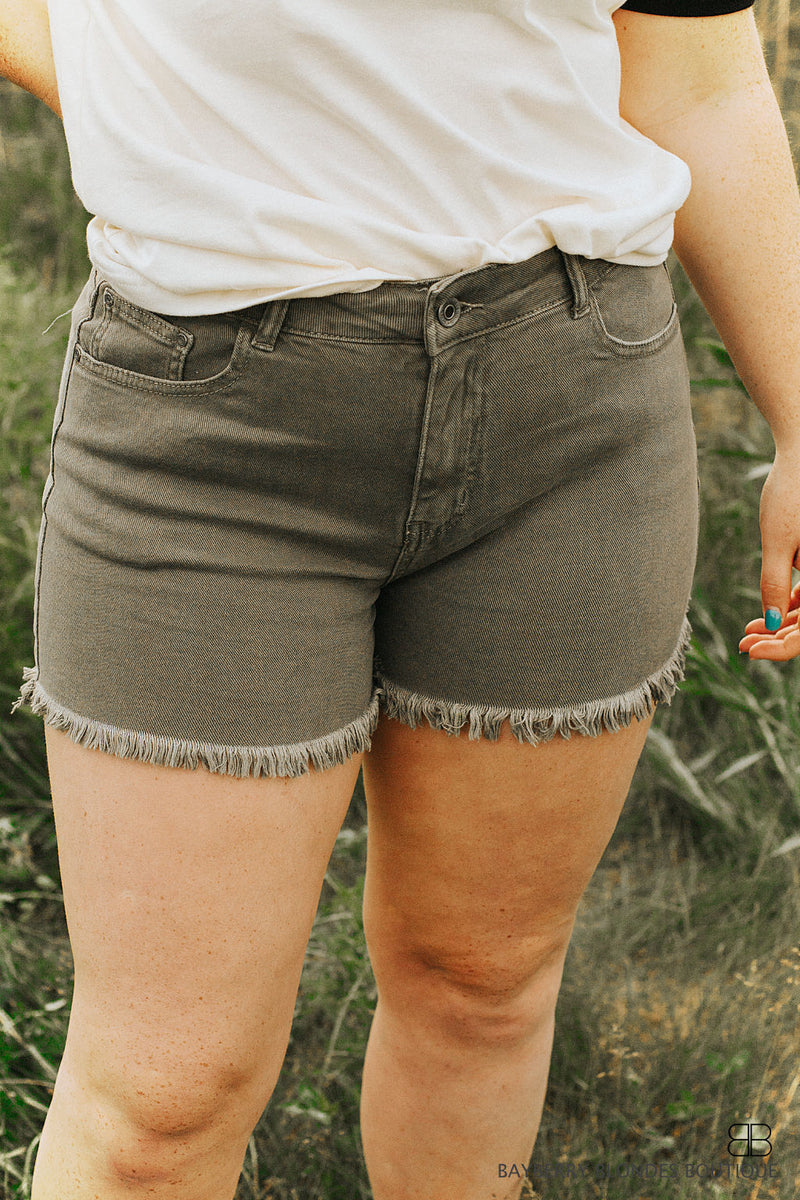 Non Distressed Cut Off Denim Short-Olive Green